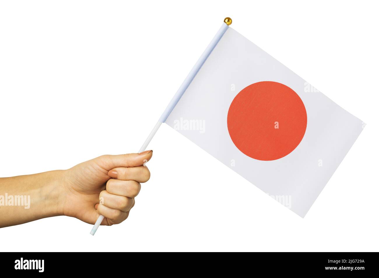 Weibliche Hand hält Japan Flagge isoliert auf weißem Hintergrund, Vorlage für Designer Stockfoto