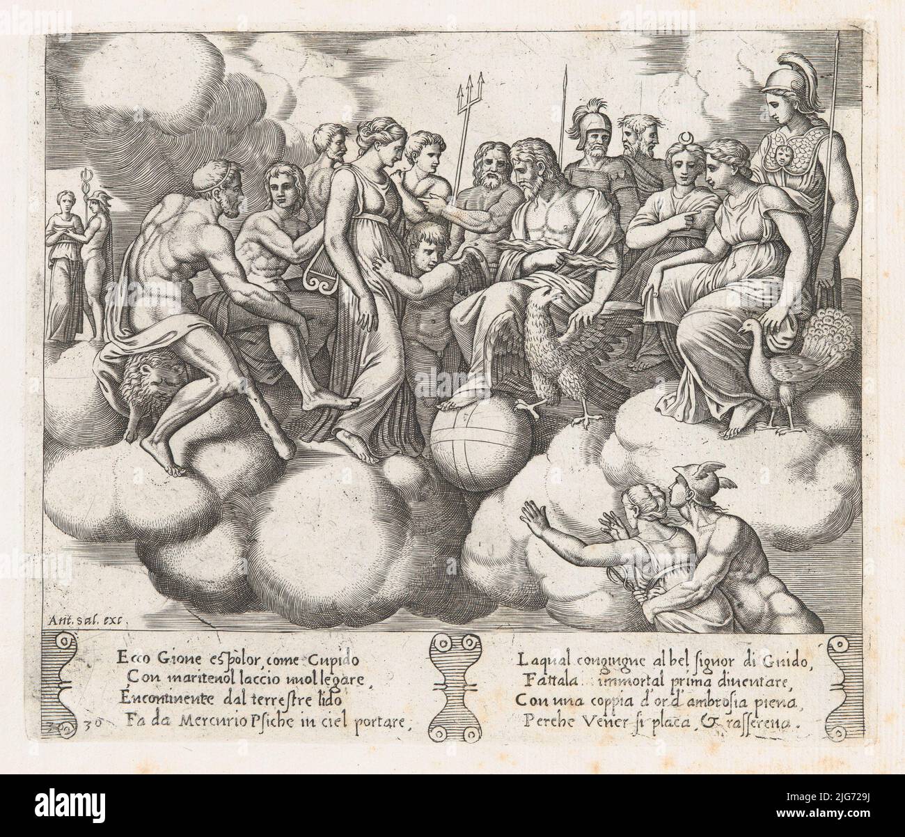 Tafel 30: Venus und Amor plädieren vor Jupiter und anderen Göttern, wobei Merkur Psyche nach rechts unten in den Himmel transportiert, aus der Geschichte von Amor und Psyche, wie sie von Apuleius, 1530-60, erzählt wurde. Stockfoto