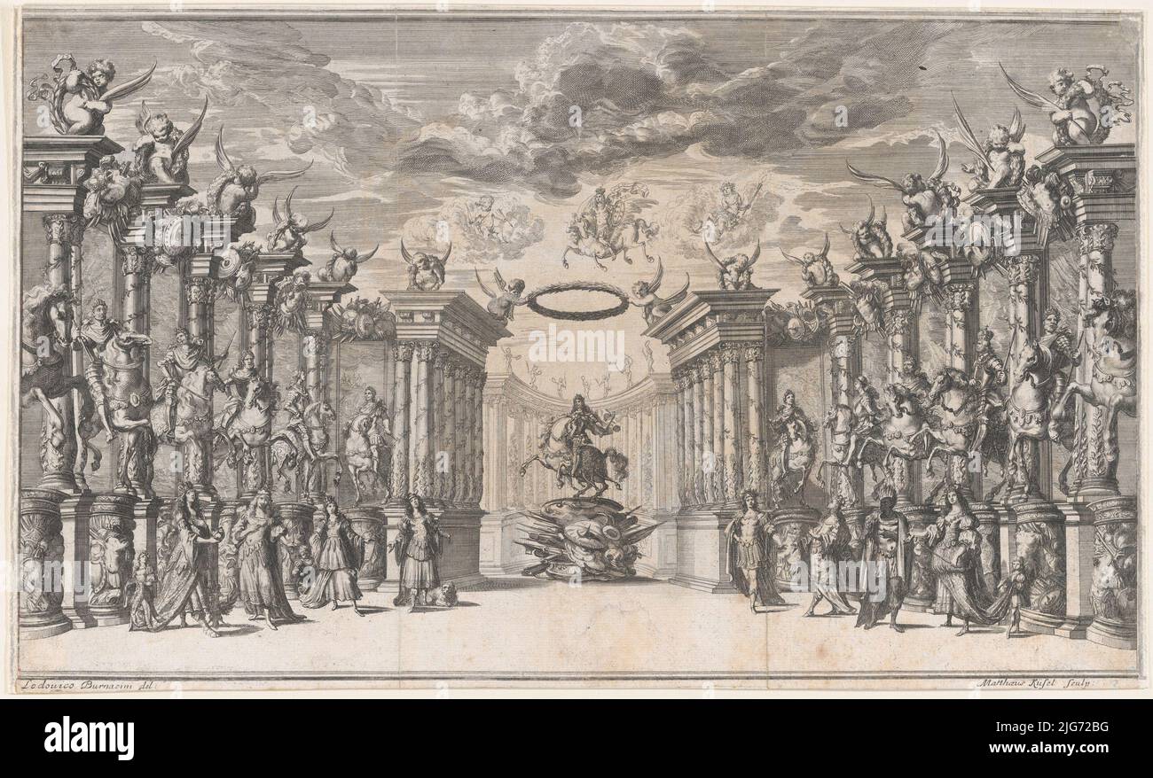 Der Triumph von Österreich; Leopold I. in der Mitte, auf einem aufgezogenen Pferd, auf einer militärischen Trophäe; umgeben von Reiterporträts der Heiligen Römischen Kaiser; Set Design von 'Il Pomo D'Oro', 1668. Stockfoto