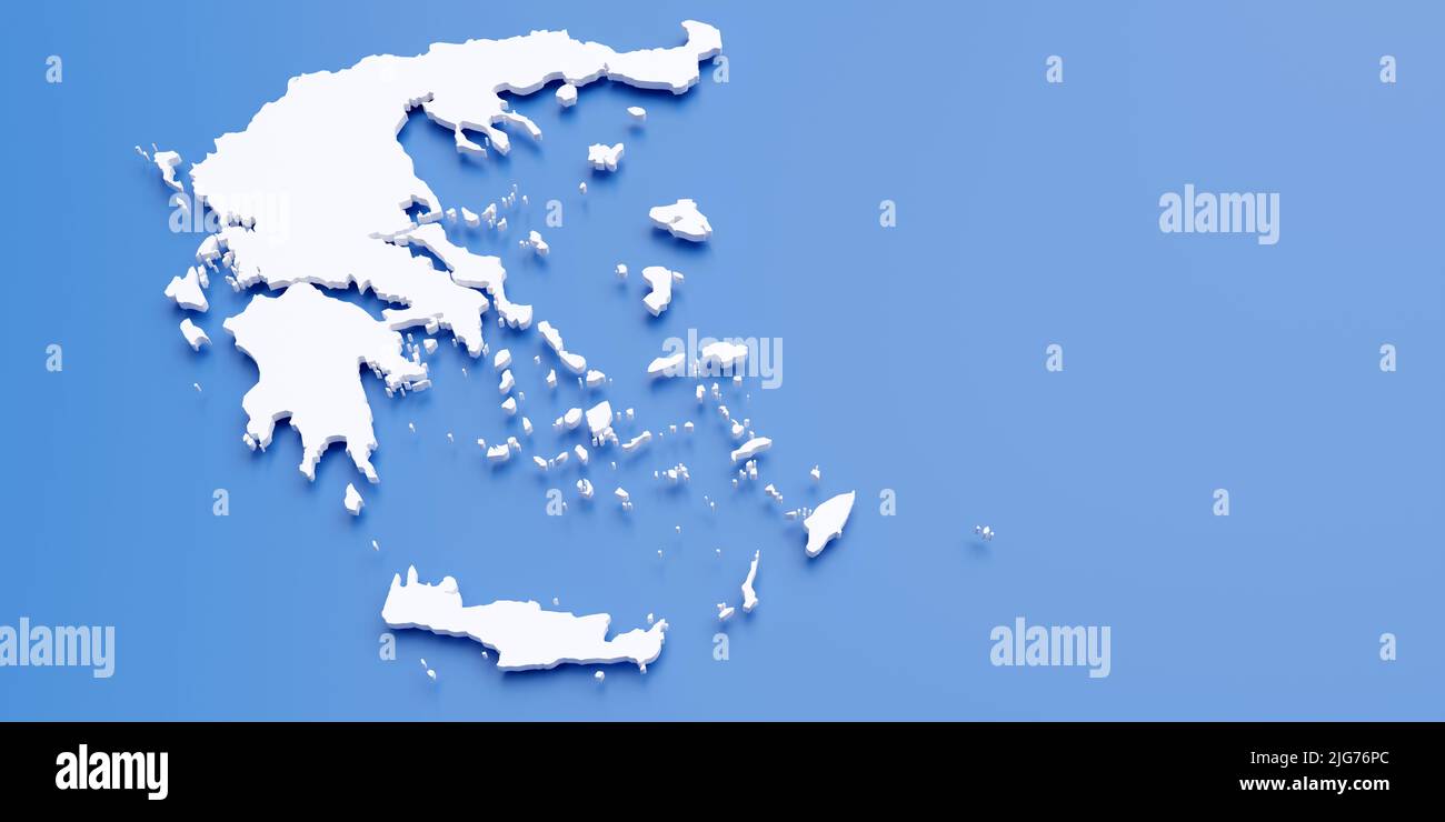 Griechenland Karte weiße Farbe auf blauem Hintergrund, oben, Kopierraum. Skizzieren Sie das Land- und Meereskonzept. 3D Rendern Stockfoto