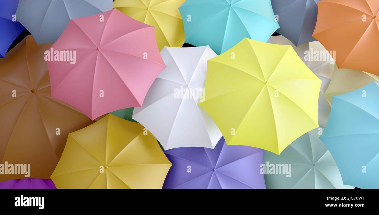 Pastellfarbene Regenschirme Hintergrund, bunte Dekoration Draufsicht. Regenschutz für Menschenmengen, Sicherheitskonzept. 3D Rendern Stockfoto