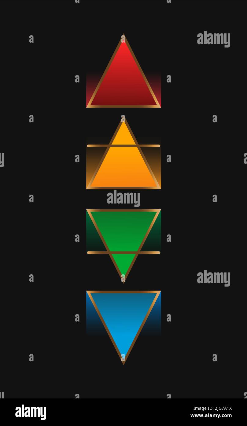 Die Vier Elemente: Feuer, Luft, Erde, Wasser. Gold-Geometrie, Wiccan-Weissagungssymbole. Bunte alte okkulte Zeichen, Vektor-Illustration isoliert auf Stock Vektor