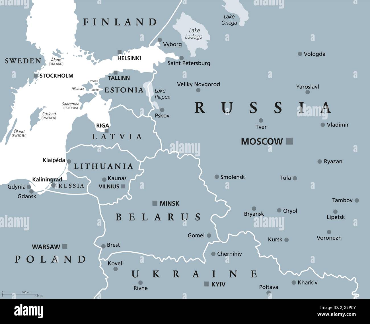Baltische Staaten und Oblast von Königsberg, graue politische Landkarte. Von Finnland nach Polen, und von der russischen Exklave in das europäische Russland. Stockfoto