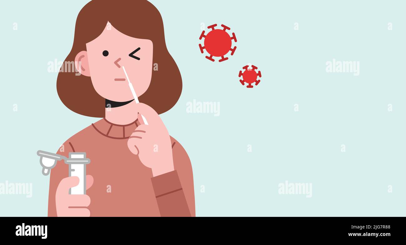 Frau von vorne betrachtet Selbsttests mit einem Nasenabstrich. Covid-19- oder Coronavirus-Positivitätstests mit Antigen-Selbsttest-Kit zu Hause. Stock Vektor