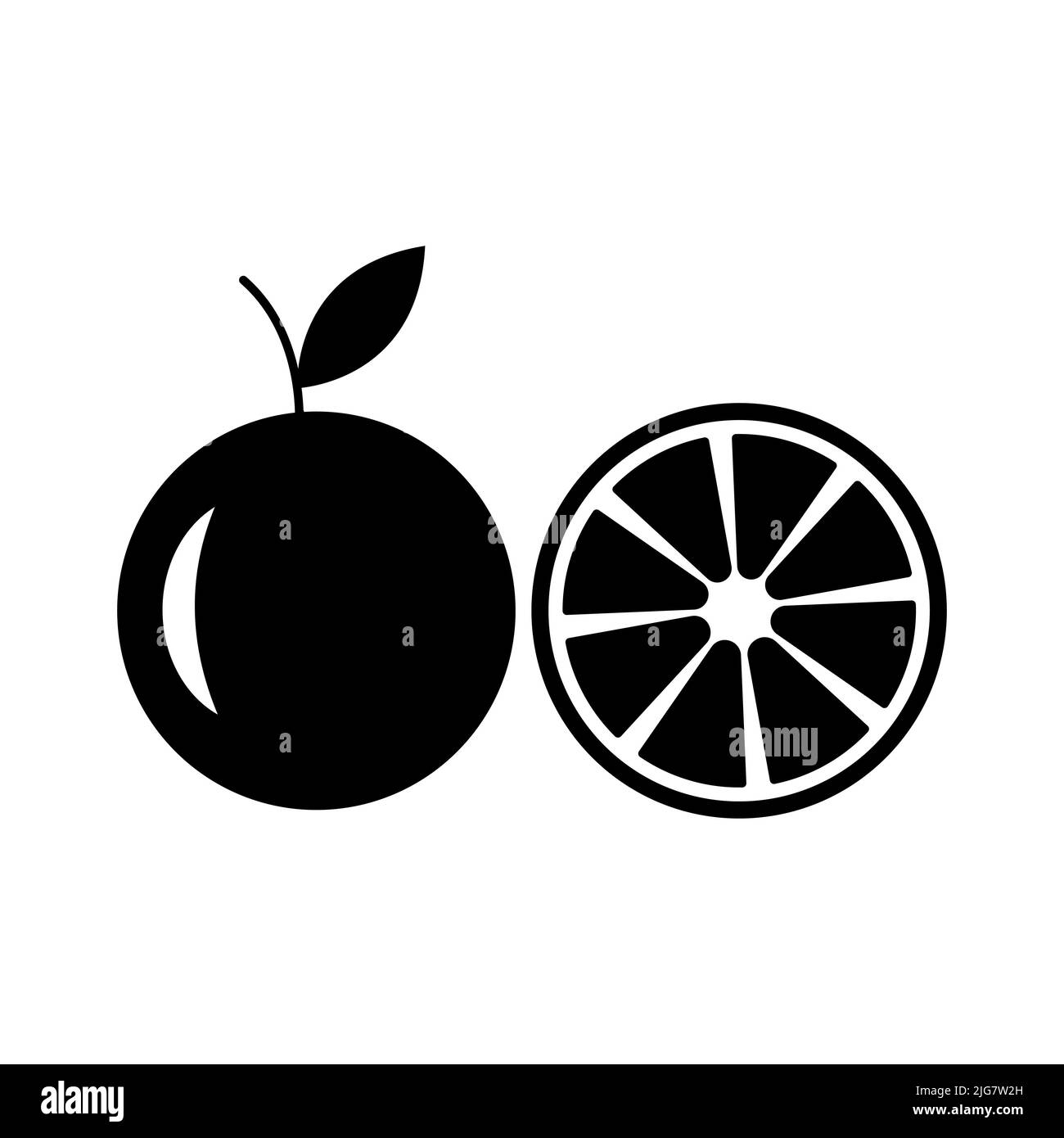 Oranges Fruchtvektorsymbol in Schwarz. Zitrus. EPS 10. Schichtdarstellung auf Weiß. Isoliertes Symbol. Frisches Morgenessen. Kann für jede Plattform und verwendet werden Stockfoto