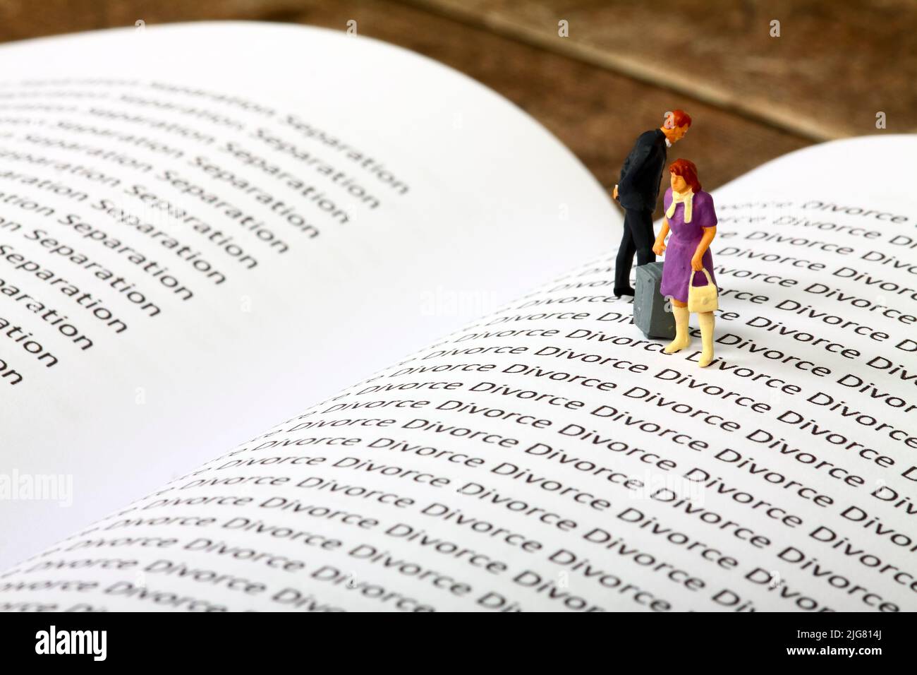 Konzeptuelles Bild einer Miniaturfigur Menschen standen auf einem Buch mit den Worten Scheidung und Trennung Stockfoto