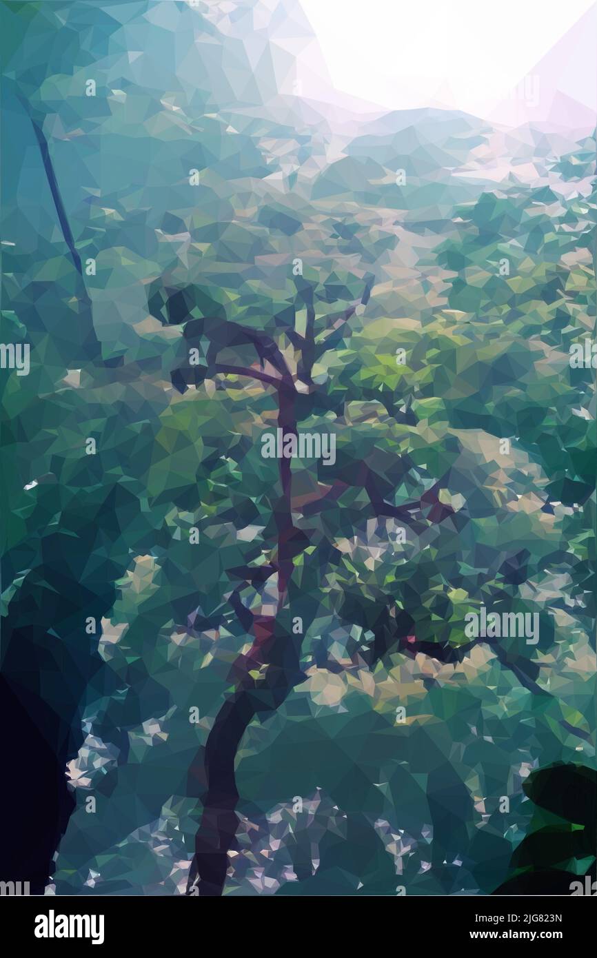 Eine Low-Poly-Vektor-Illustration eines verschwommenen Dschungels mit grünen Bäumen Stock Vektor