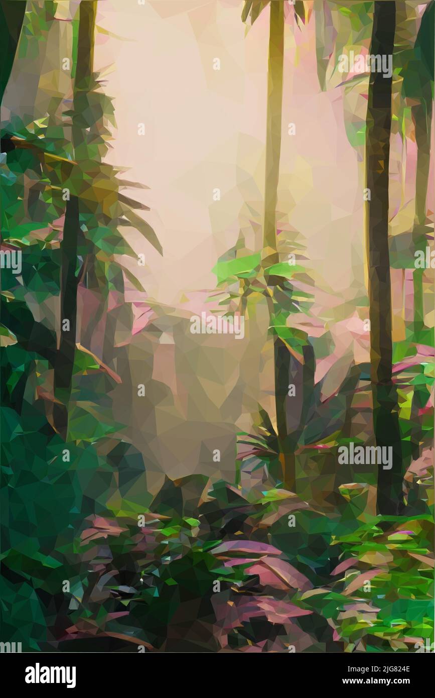 Eine Low-Poly-Vektor-Illustration eines verschwommenen Dschungels mit Palmen Stock Vektor