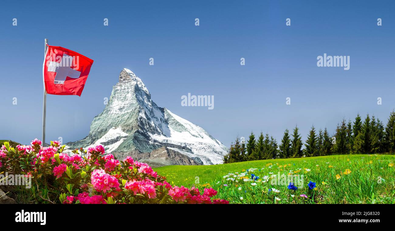 Schweizer flagge mit matterhorn und bergwiese -Fotos und -Bildmaterial ...