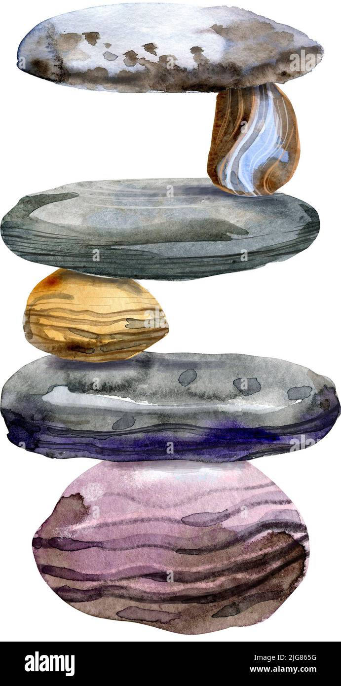 Handgezeichneter, isolierter, farbenprächtiger Steinhaufen auf weißem Hintergrund Stockfoto