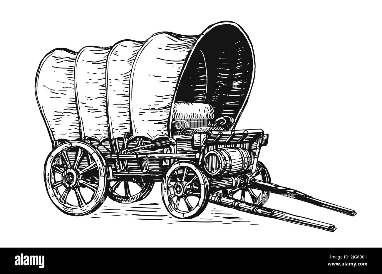 Handgezeichneter Skizzenvektor für Planwagen. Wild West-Konzept. Vintage Transport im Stil von alten Gravuren Stock Vektor