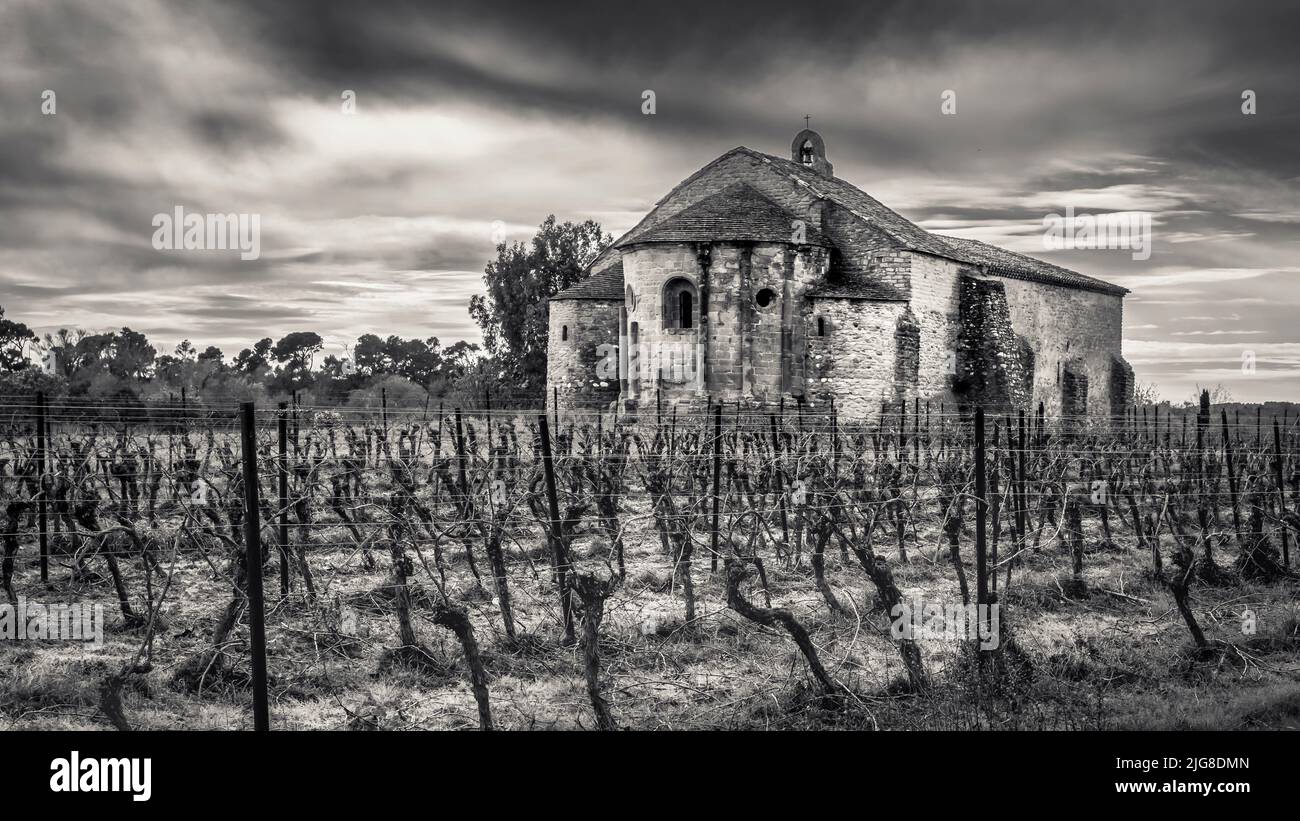 Die Kirche von Saint Etienne de Tersan de Vaissière bei Azille. Es wurde im XII Jahrhundert im romanischen Stil fertiggestellt. Monument historique. Stockfoto