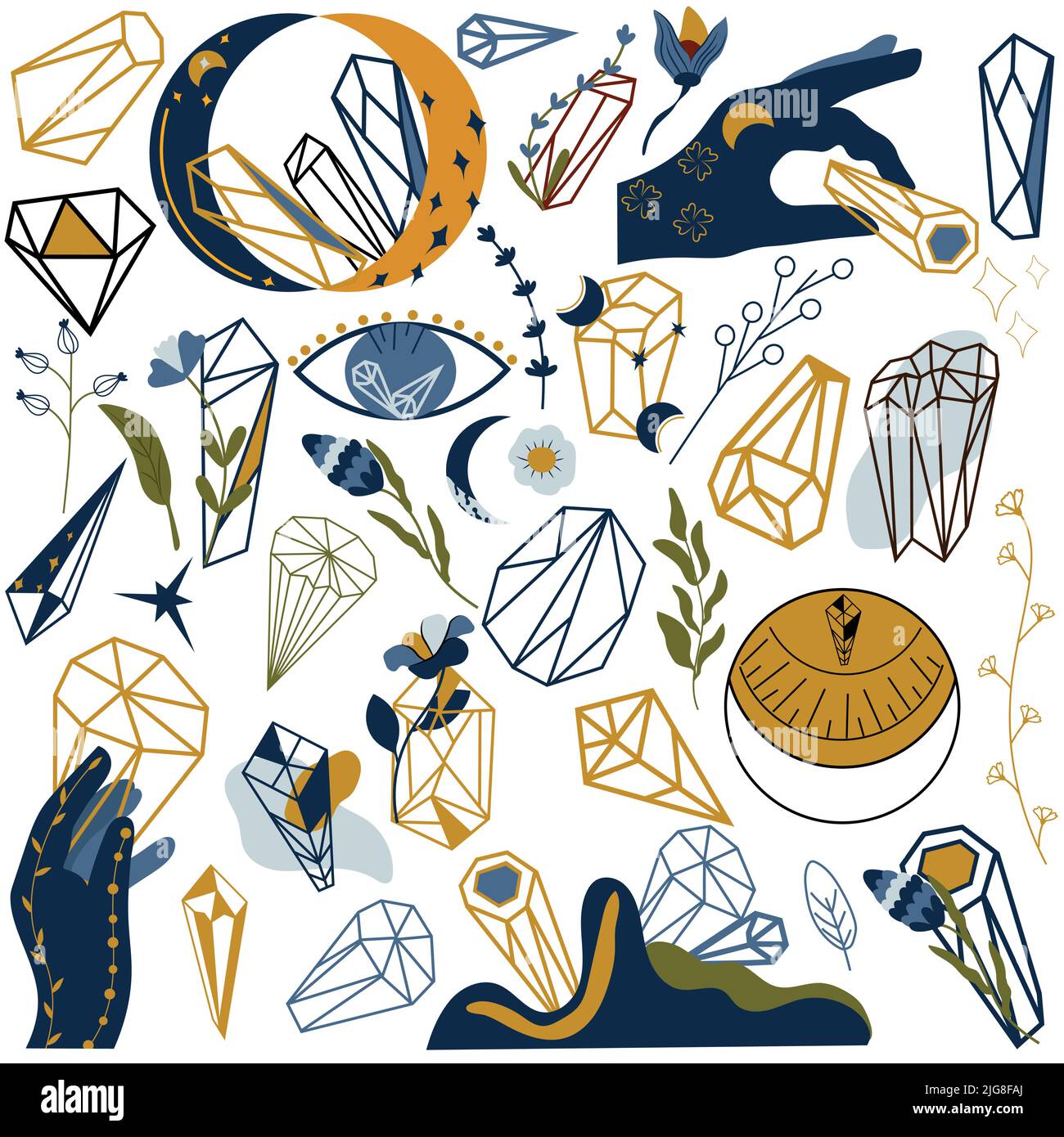 Mystische und esoterische Elemente. Magischer Mond mit Kristallen, Sternen, Edelsteinen, Blumen und Blättern, Kristall in der Hand. Böhmisches Symbol.Vektorgrafik. Stock Vektor