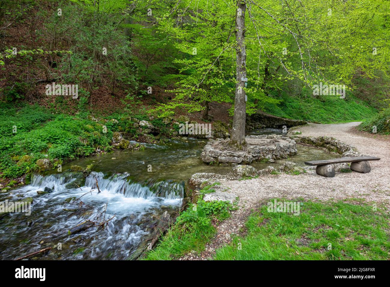 Der Echaz ist ein 23 km langer Fluss, der am Albtrauf südlich von Honau entspringt. Honau ist ein Bezirk der Gemeinde Lichtenstein. Stockfoto