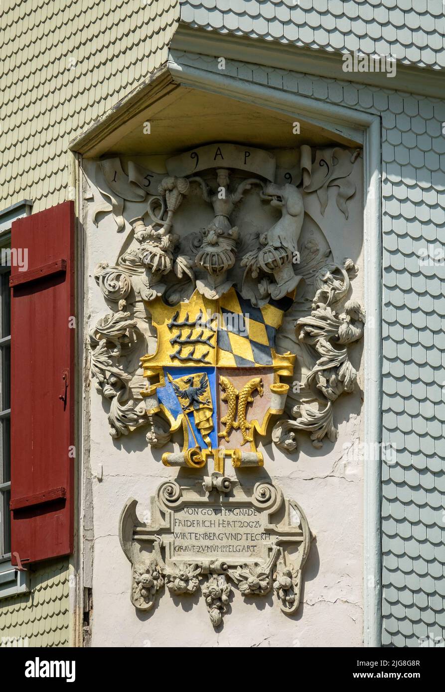 Wappen auf dem Schickhardhaus auf dem Biobauernhof Bleiche, erbaut 1599 unter Herzog Friedrich I. von Württemberg, Wappen Stockfoto