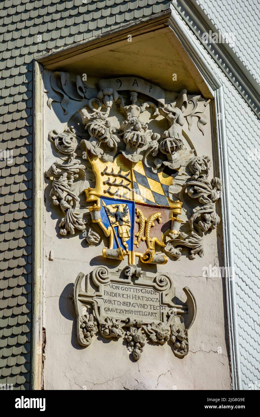 Wappen auf dem Schickhardhaus auf dem Biobauernhof Bleiche, erbaut 1599 unter Herzog Friedrich I. von Württemberg, Wappen Stockfoto