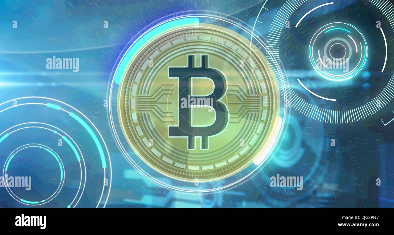 Bild der Verarbeitung von Kreisen und Bitcoin auf navy Hintergrund Stockfoto