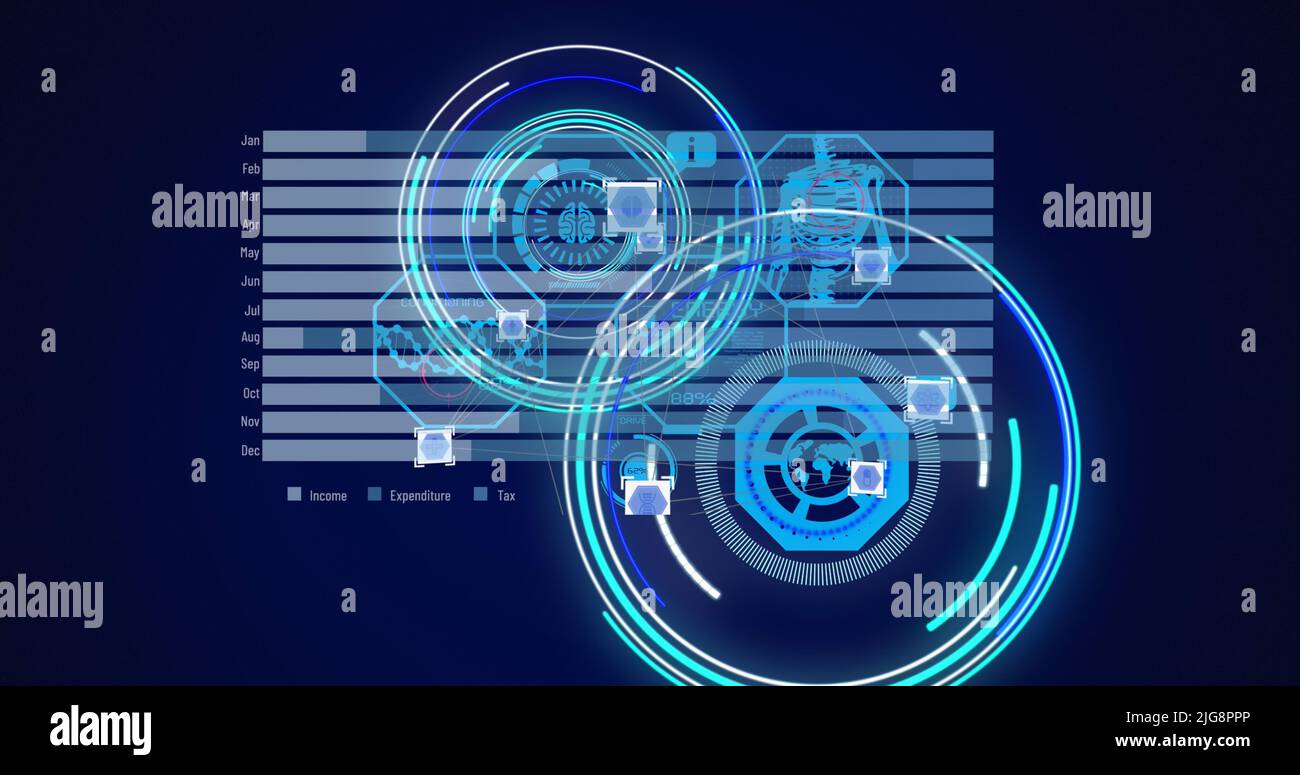 Bild der Bearbeitung von Kreisen und Graphen auf marineblauem Hintergrund Stockfoto