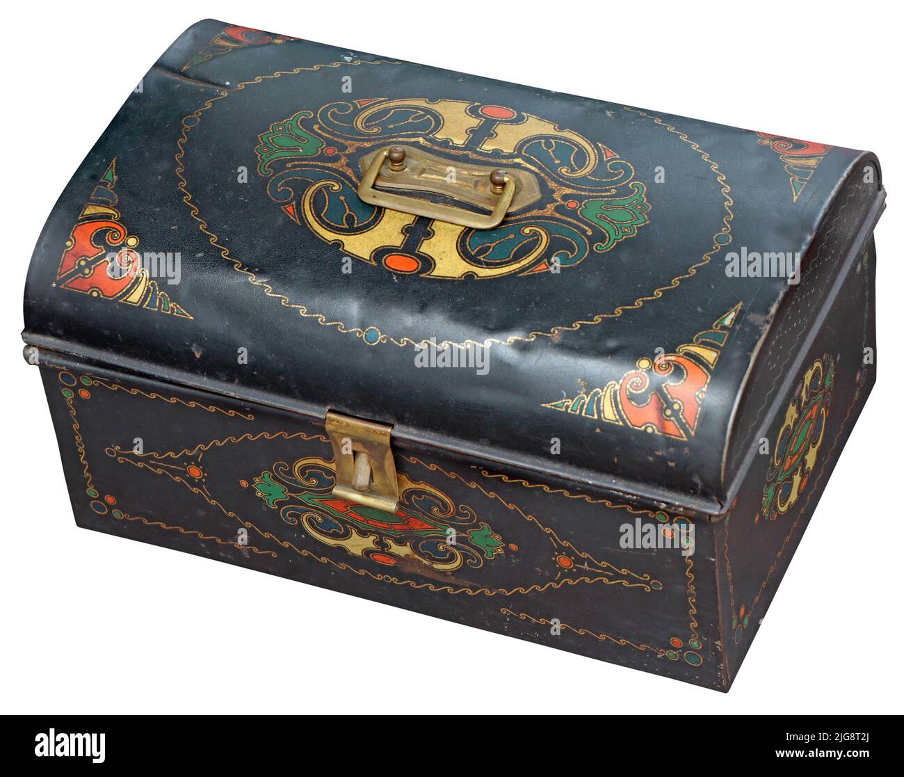 Alte Vintage schwarze rechteckige Metallbox, für kleine Gegenstände Stockfoto