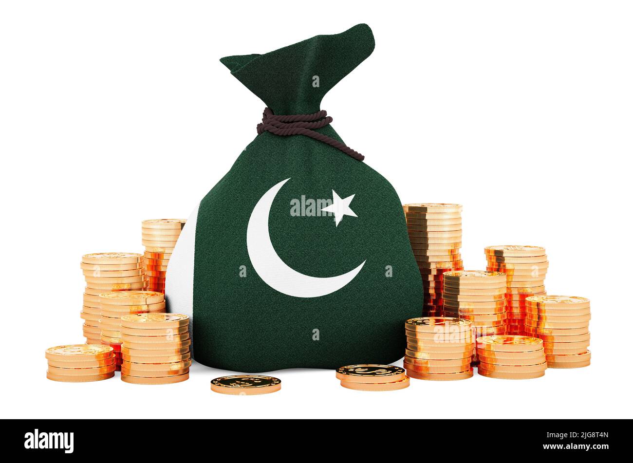 Geldbeutel mit pakistanischer Flagge und goldenen Münzen um, 3D Rendering isoliert auf weißem Hintergrund Stockfoto