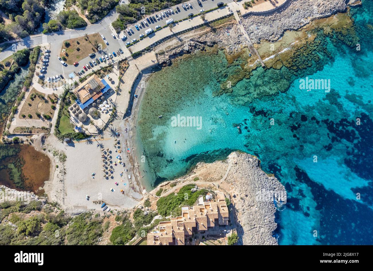 Spanien, Balearen, Mallorca, Gemeinde Manacor, Cales de Mallorca, Cala Murada, Luftaufnahme Stockfoto