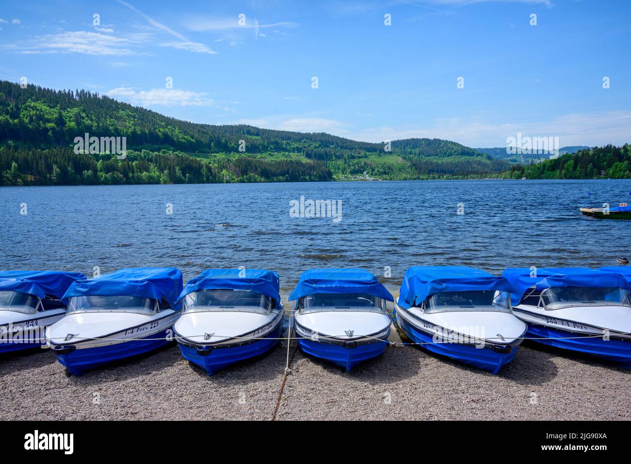 Deutschland, Baden-Württemberg, Schwarzwald, Titisee, Bootsverleih, Boote am Ufer. Stockfoto