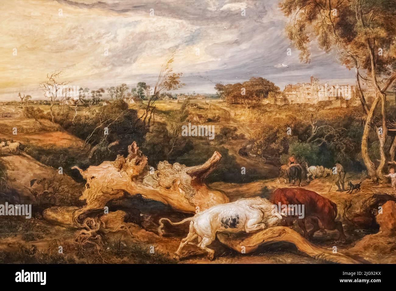 England, London, Knightsbridge, Victoria and Albert Museum, Gemälde mit dem Titel „Bulls Fighting with a View of St Donat's Castle, Glamorganshire“ von James ward aus dem Jahr 1804 Stockfoto