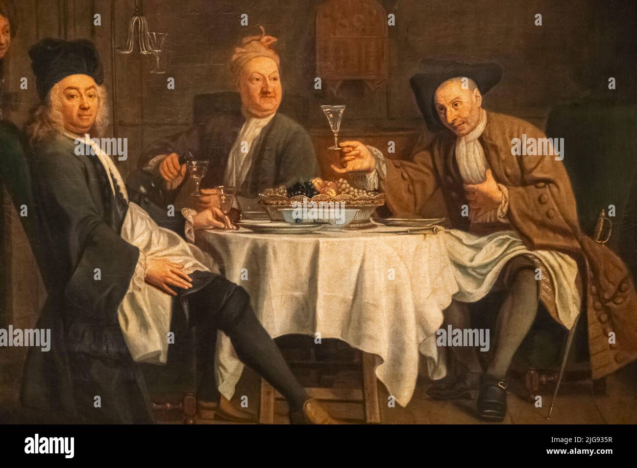 Gemälde mit dem Titel „die Weintrinker oder der Dichter Piron am Tisch mit seinen Freunden Vade und Colle“ vom französischen Jacques Autreau aus dem Jahr 1747 Stockfoto