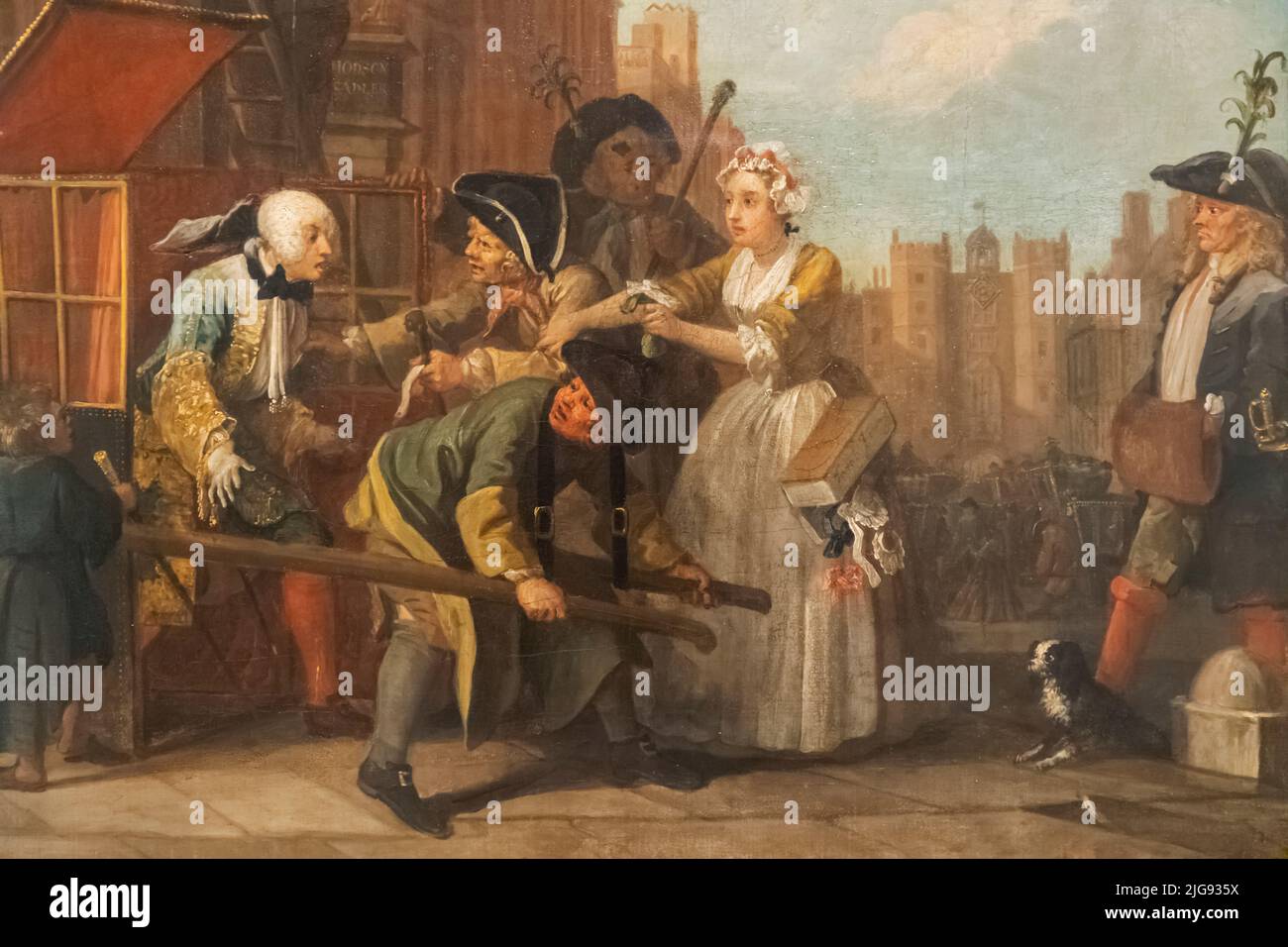 Gemälde von William Hogarth aus dem Fortschritt des Rakes mit dem Titel „die Verhaftung“ Stockfoto