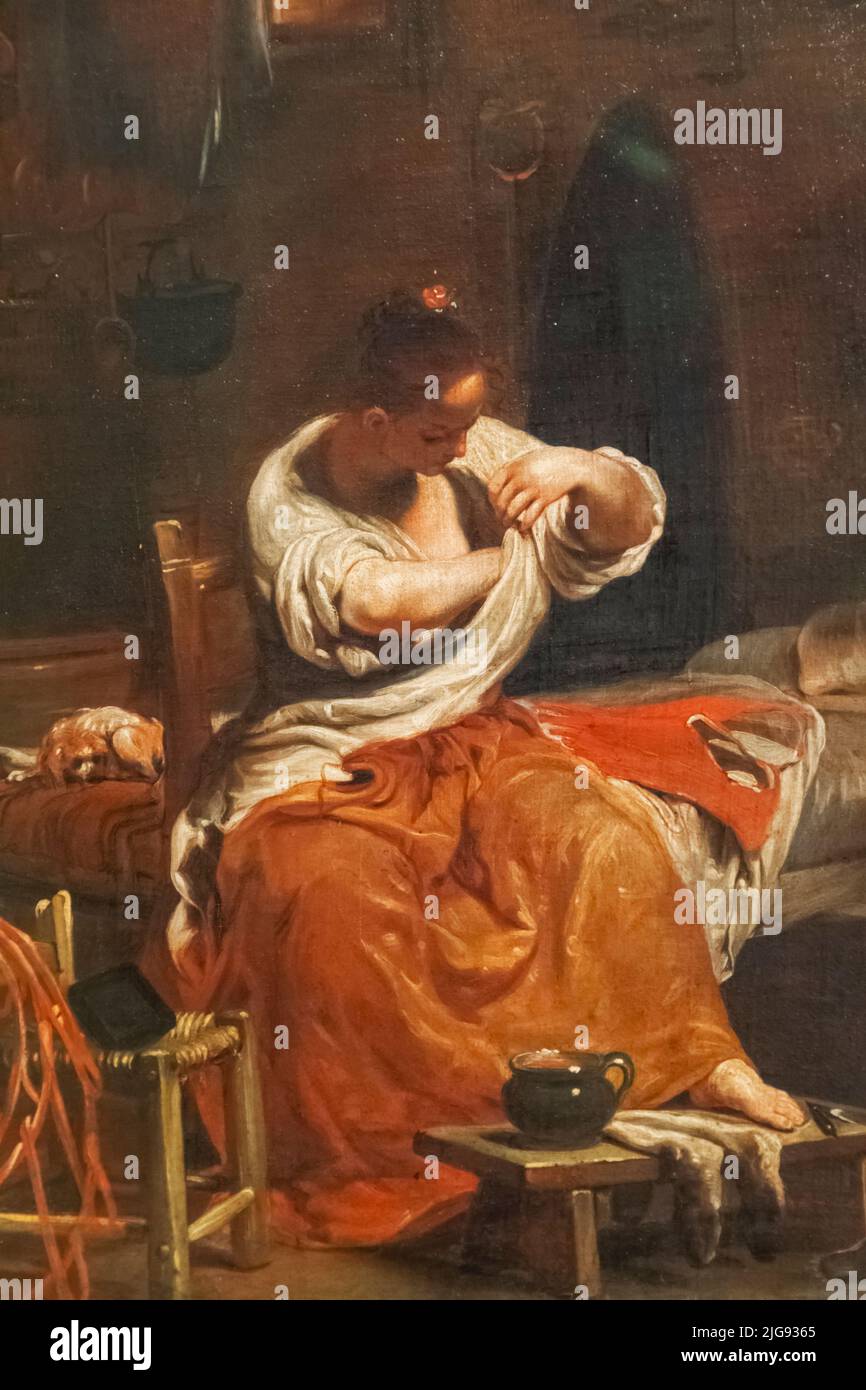 Gemälde mit dem Titel „Eine Frau auf der Suche nach Flöhen“ des italienischen Künstlers Giuseppe Maria Crespi aus dem Jahr 1715 Stockfoto