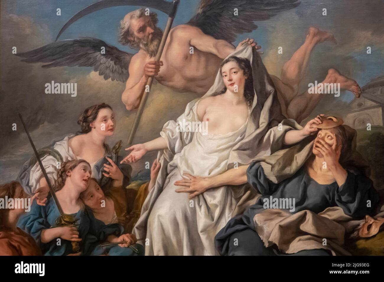 Gemälde mit dem Titel „Time Unveiling Truth“ des französischen Künstlers Jean-Francois Detroy aus dem Jahr 1734 Stockfoto