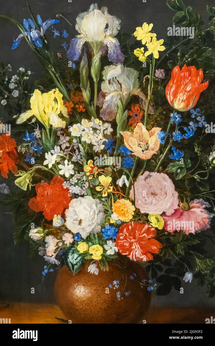 Gemälde mit dem Titel „Blumenstrauß in einer Tonvase“ des flämischen Künstlers Jan Brueghel d. Ä. Datiert 1609 Stockfoto