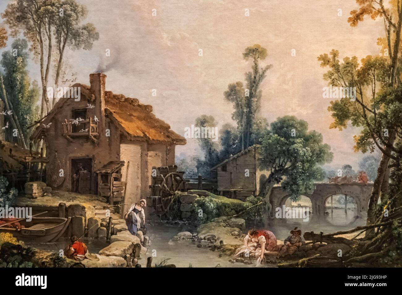 Gemälde mit dem Titel „Landschaft mit Wassermühle“ des französischen Künstlers Francois Boucher aus dem Jahr 1755 Stockfoto