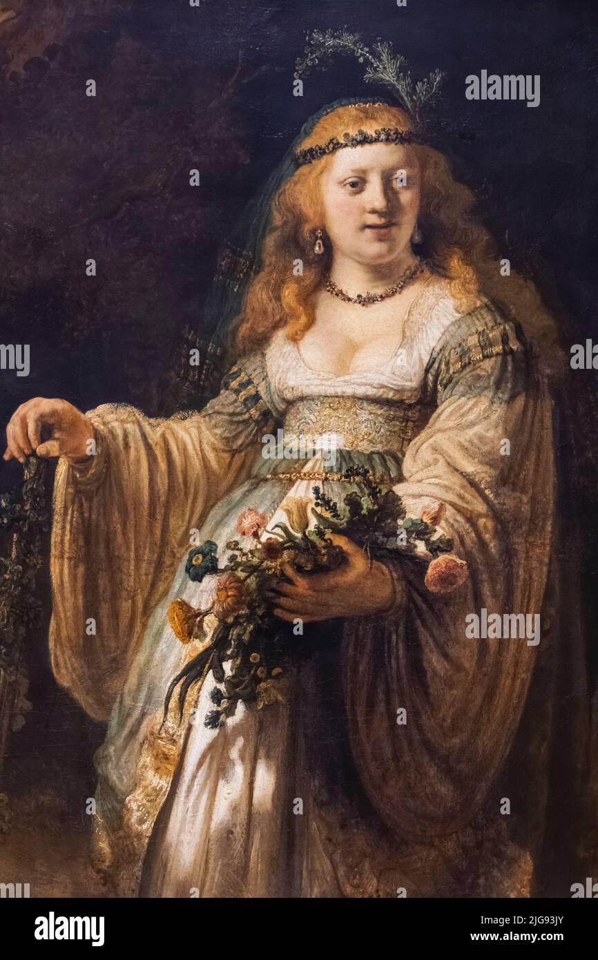 Gemälde mit dem Titel „Saskia van Uylenburgh in Arcadian Costume“ des niederländischen Künstlers Rembrandt aus dem Jahr 1635 Stockfoto