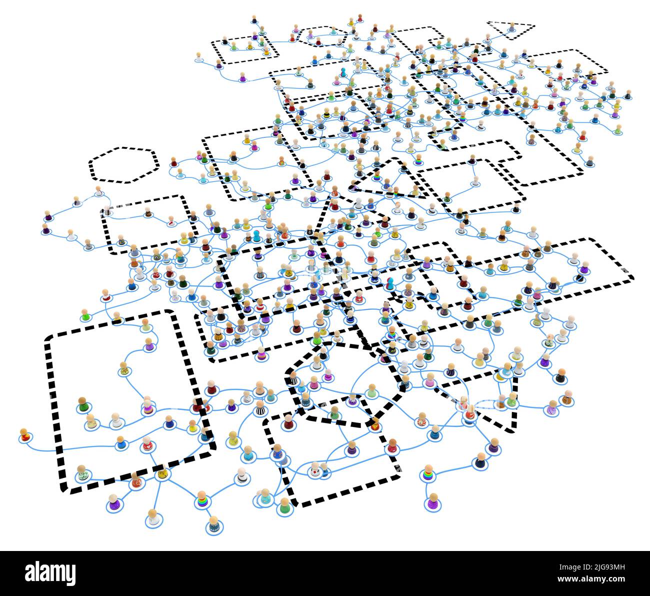 Menge von kleinen symbolischen 3D Figuren durch Linien verbunden, komplex geschichteten System markiert Zonen viele, über weiß, horizontal, isoliert Stockfoto