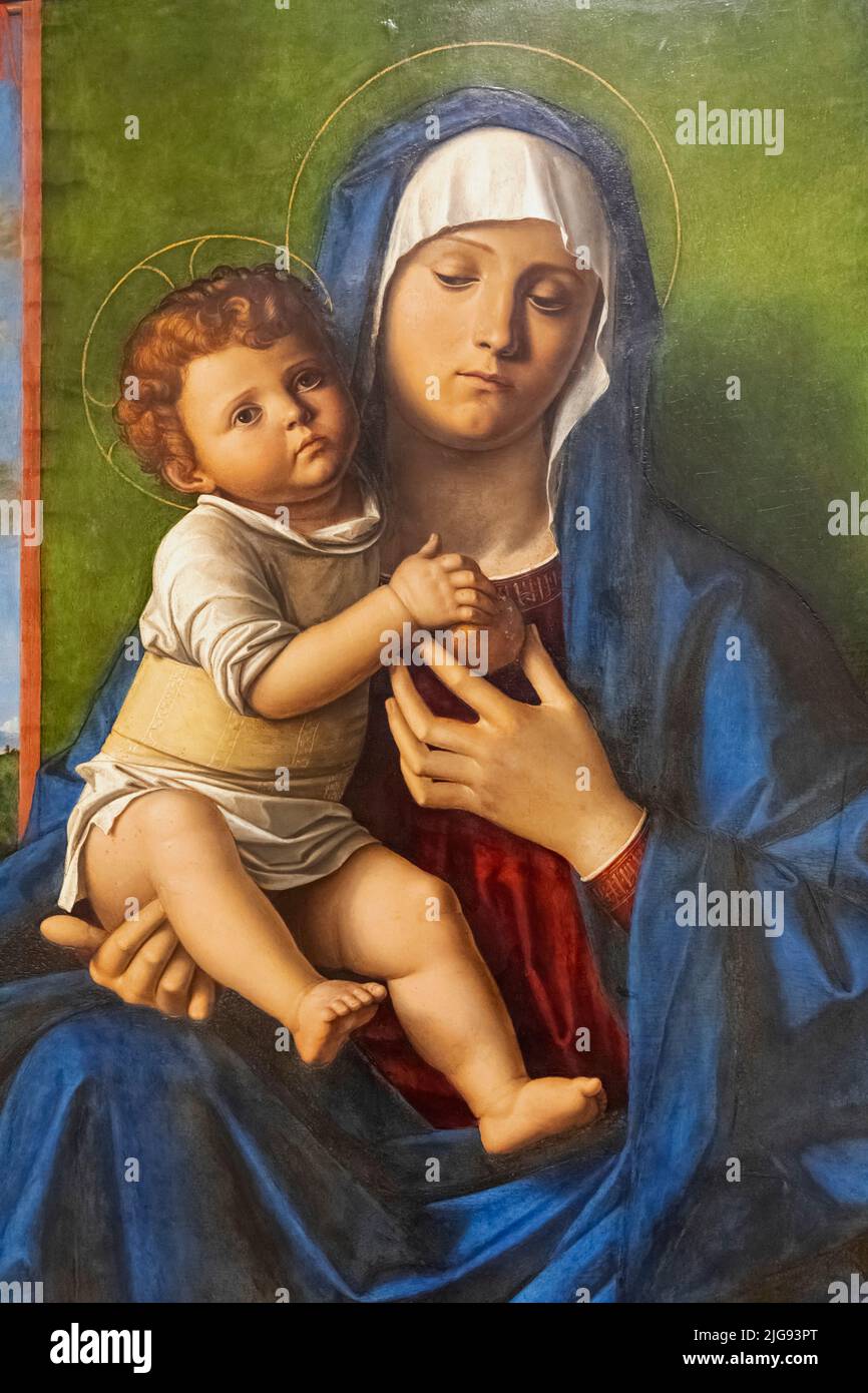 Gemälde mit dem Titel „die Jungfrau und das Kind“ des italienischen Künstlers Giovanni Bellini aus dem Jahr 1480 Stockfoto