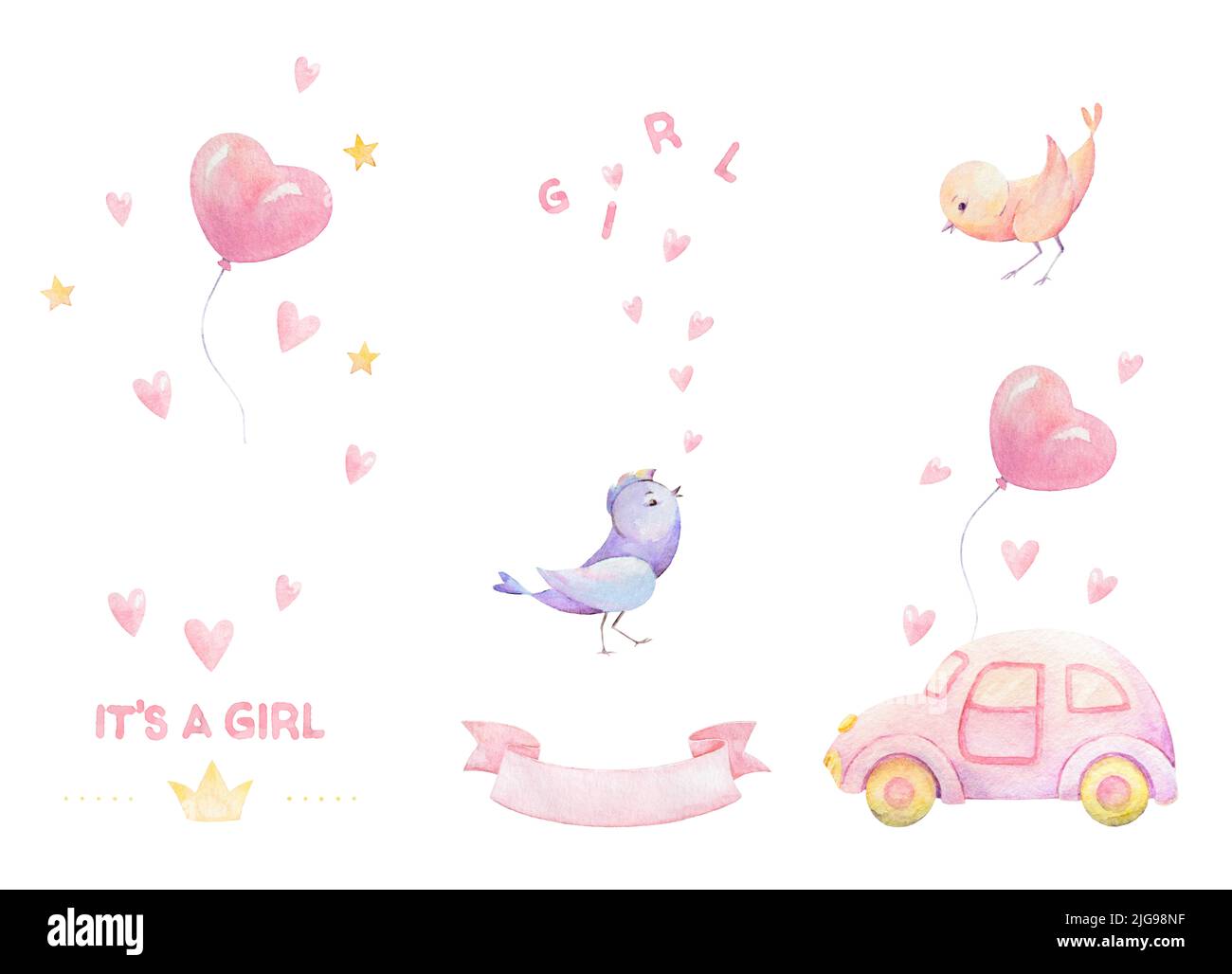 Baby Dusche Mädchen Aquarell Cliparts. Baby Auto mit Ballon. Vögel, Herzen, Band, Sterne. Set für Babykarten. Weißer Hintergrund Stockfoto