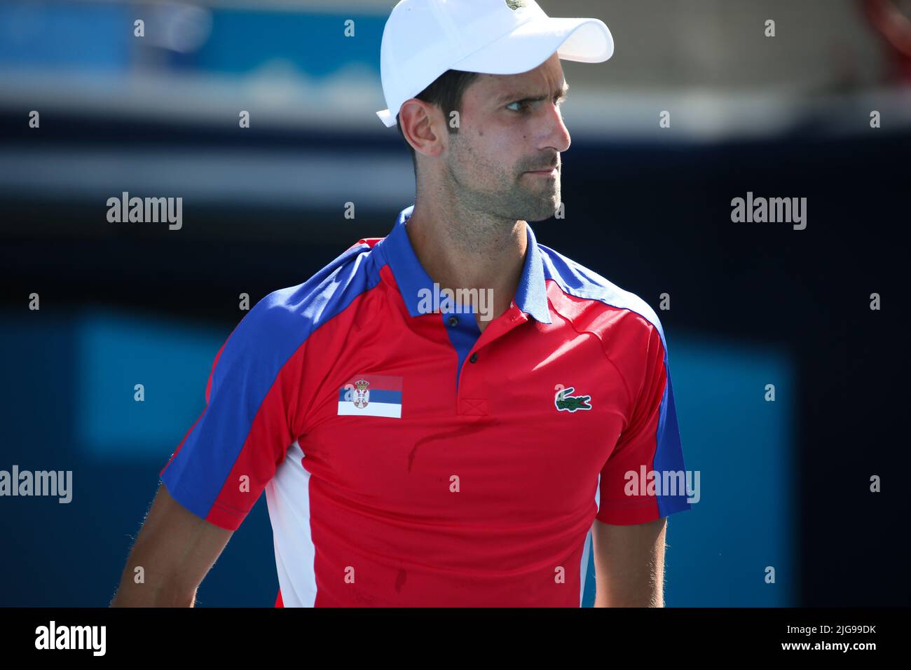 31.. JULI 2021 - TOKIO, JAPAN: Novak Djokovic aus Serbien ist während des Tennis Men's Singles Bronze Medal Match bei den Olympischen Spielen in Tokio 2020 in Aktion Stockfoto