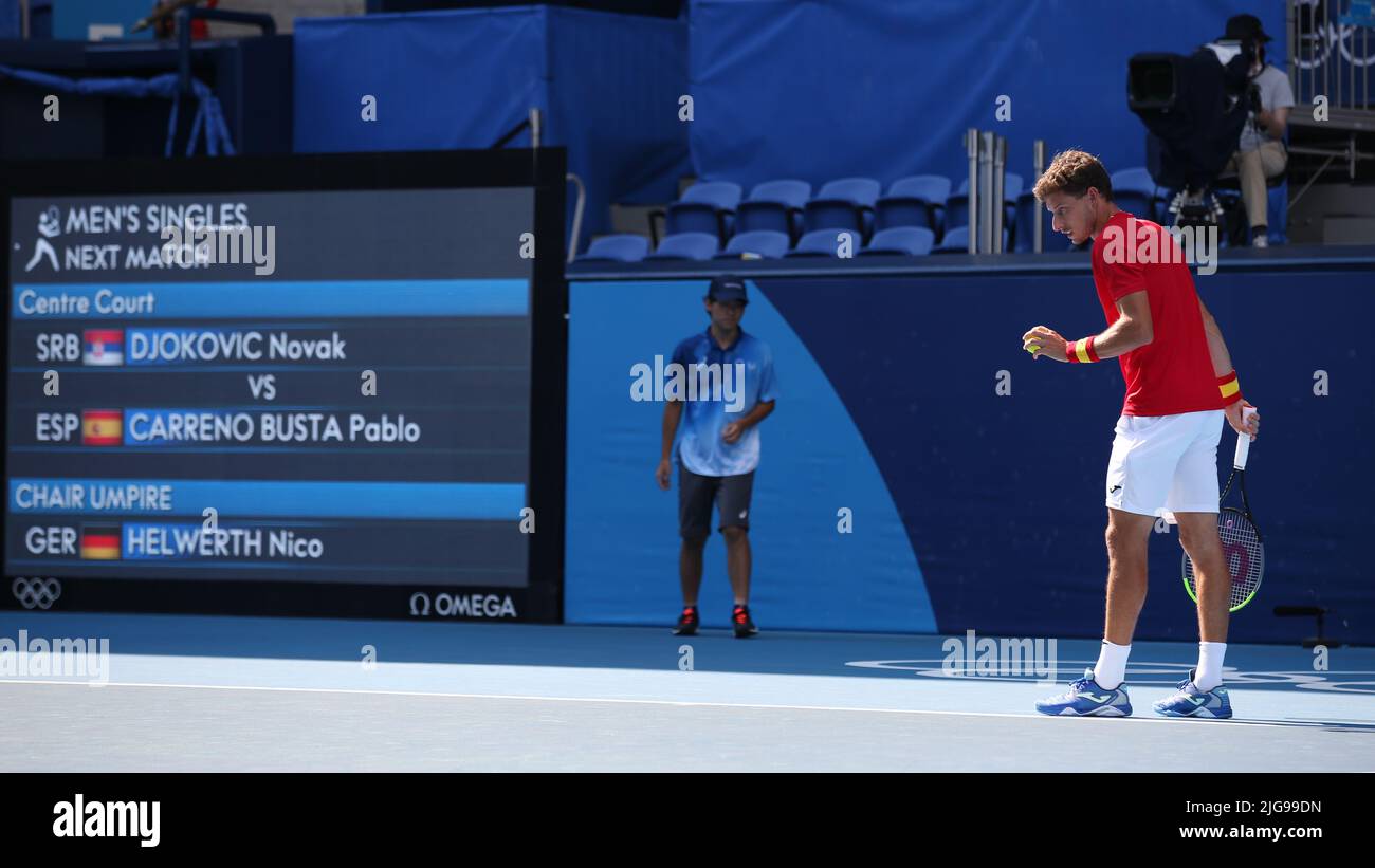 31.. JULI 2021 - TOKIO, JAPAN: Pablo Carreno Busta aus Spanien beim Tennis Men's Singles Bronze Medal Match auf der Olympischen Spiele 2020 in Tokio Stockfoto