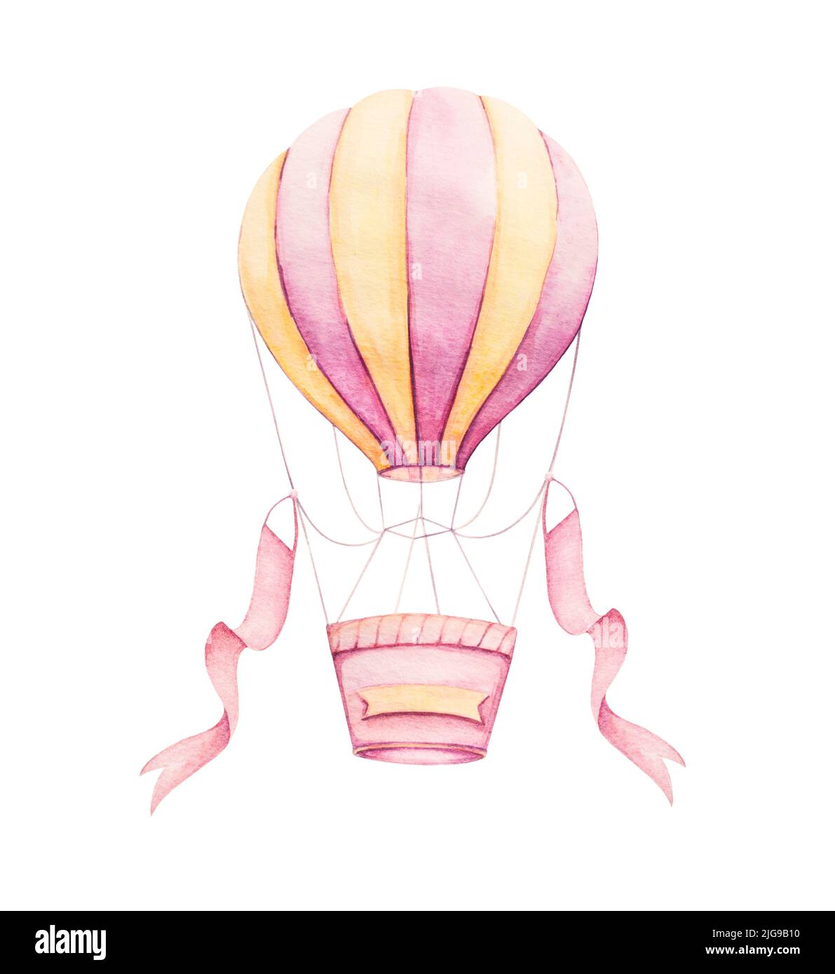 Luftballon fliegt mit Bändern. Aquarell Clipart. Rosa, rot, gelbe Farben. Kinderdrucke. Kunstgeschenk für Neugeborene. Kinderzimmer Wandkunst. Weißer Hintergrund Stockfoto