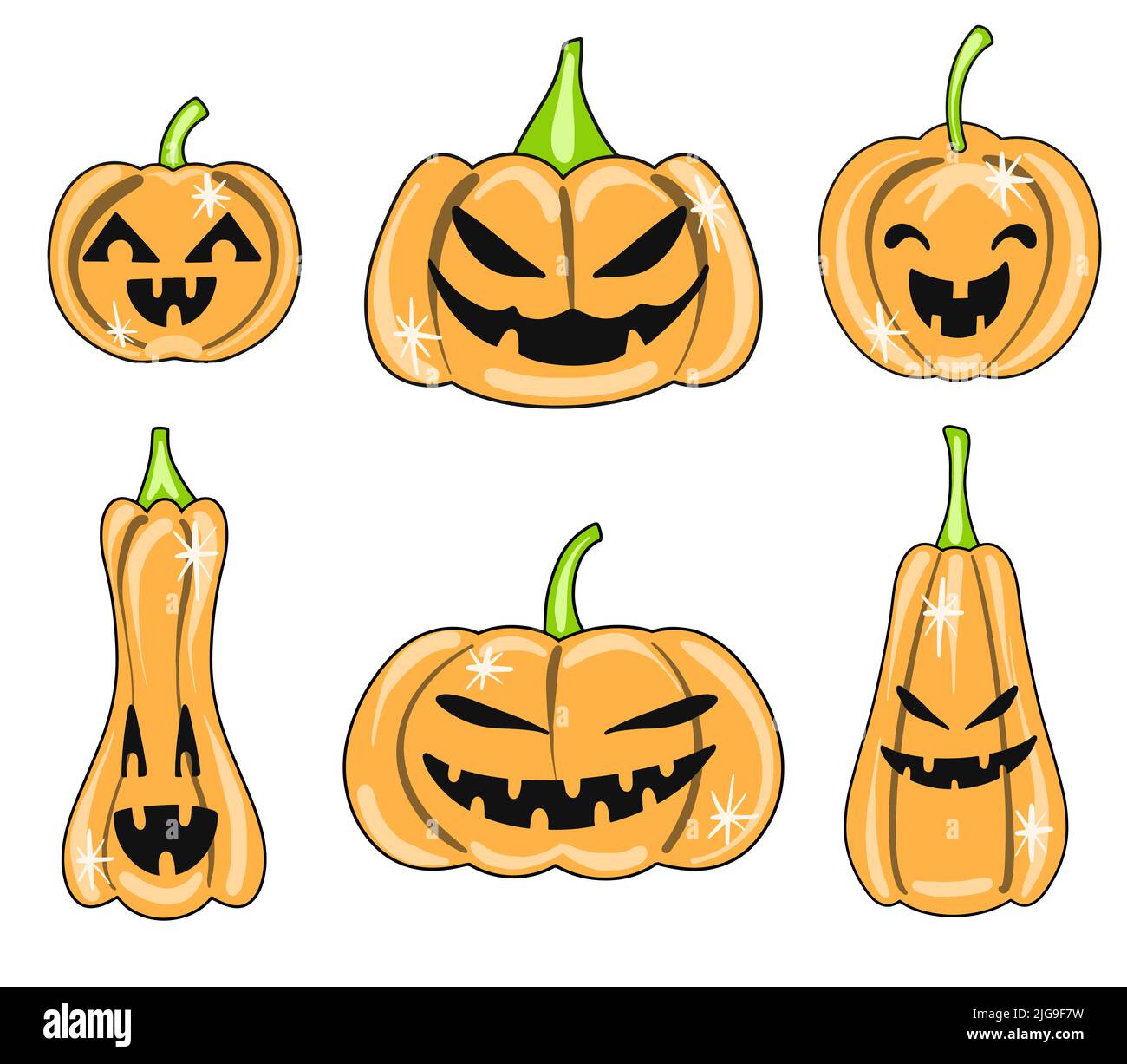 Vektor-Set von niedlichen halloween Kürbisse mit gruseligen Gesichtern. Oktober Aufkleber im Cartoon-Stil. Stock Vektor
