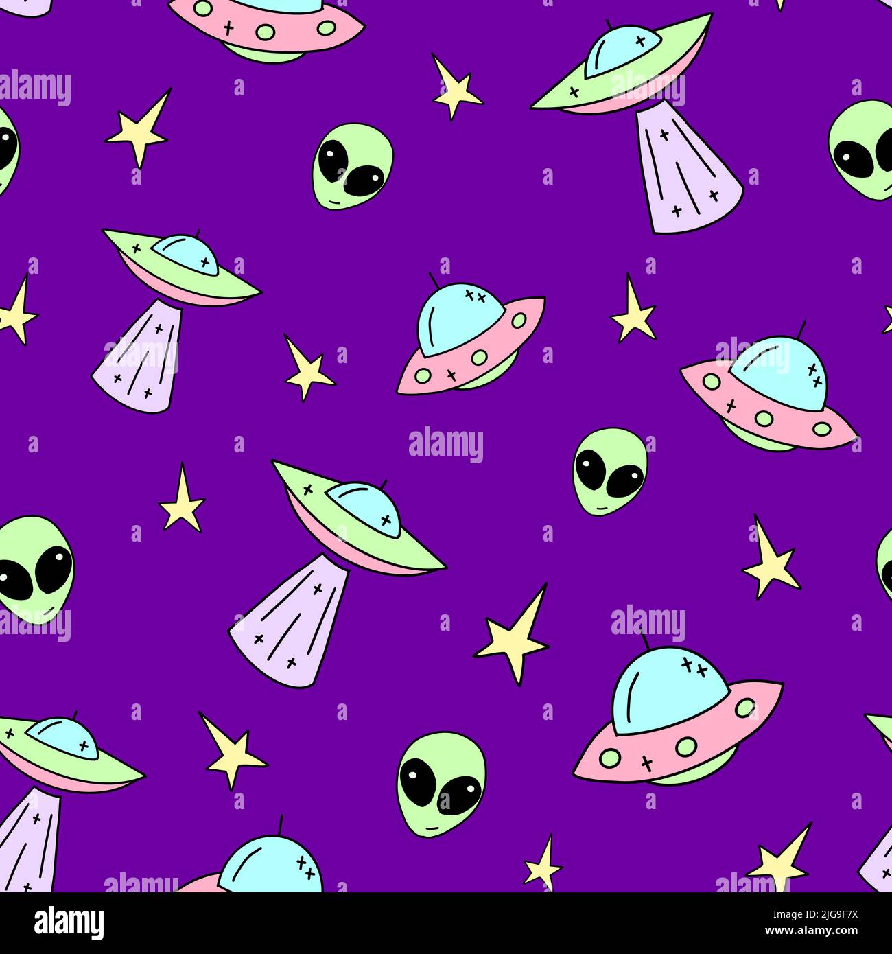 Vektor UFO Kindermuster Vektor. Galaxy Illustration im Cartoon-Stil. Nahtlose Weltraum ufo-Rakete Wissenschaft Kinder Hintergrund Muster Stock Vektor