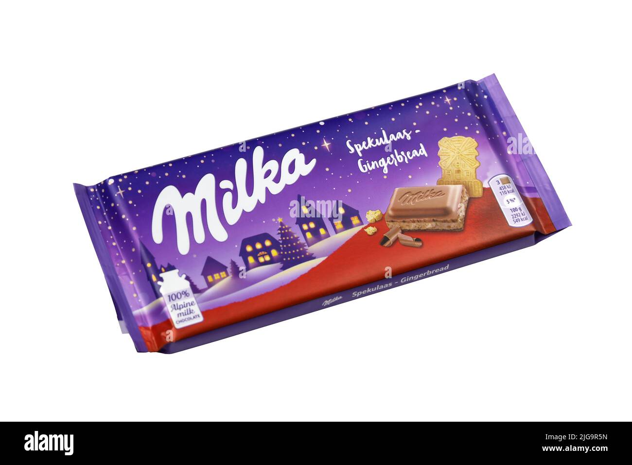 KHARKIV, UKRAINE - 27. JANUAR 2021: Milka spekulaas Lebkuchenschokolade. Milka ist eine Schweizer Marke von Schokolade Konfektion hergestellt internatio Stockfoto