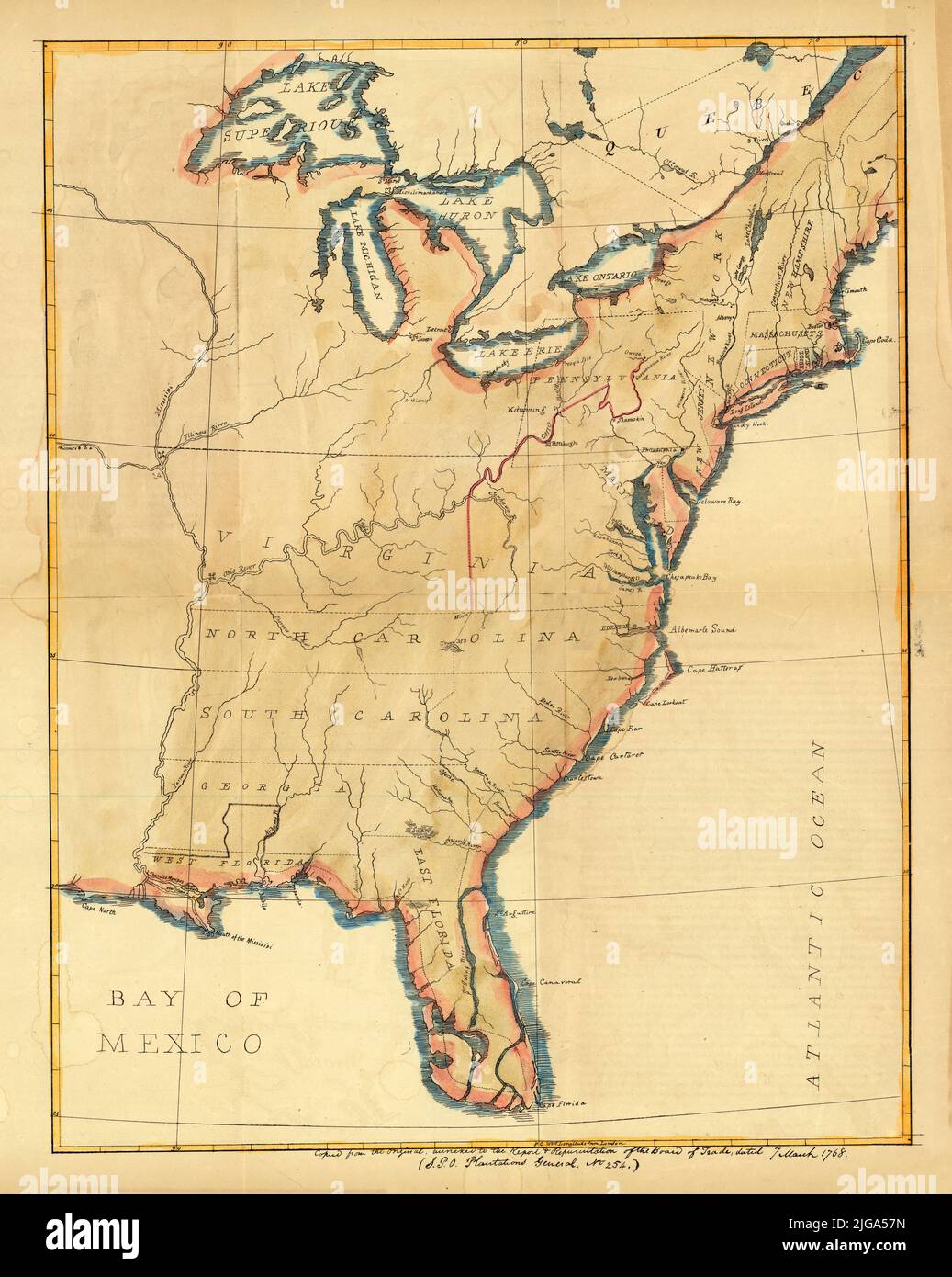 Britische Karte von Ost-Nordamerika mit Ost- und West-Florida, 1768 Stockfoto