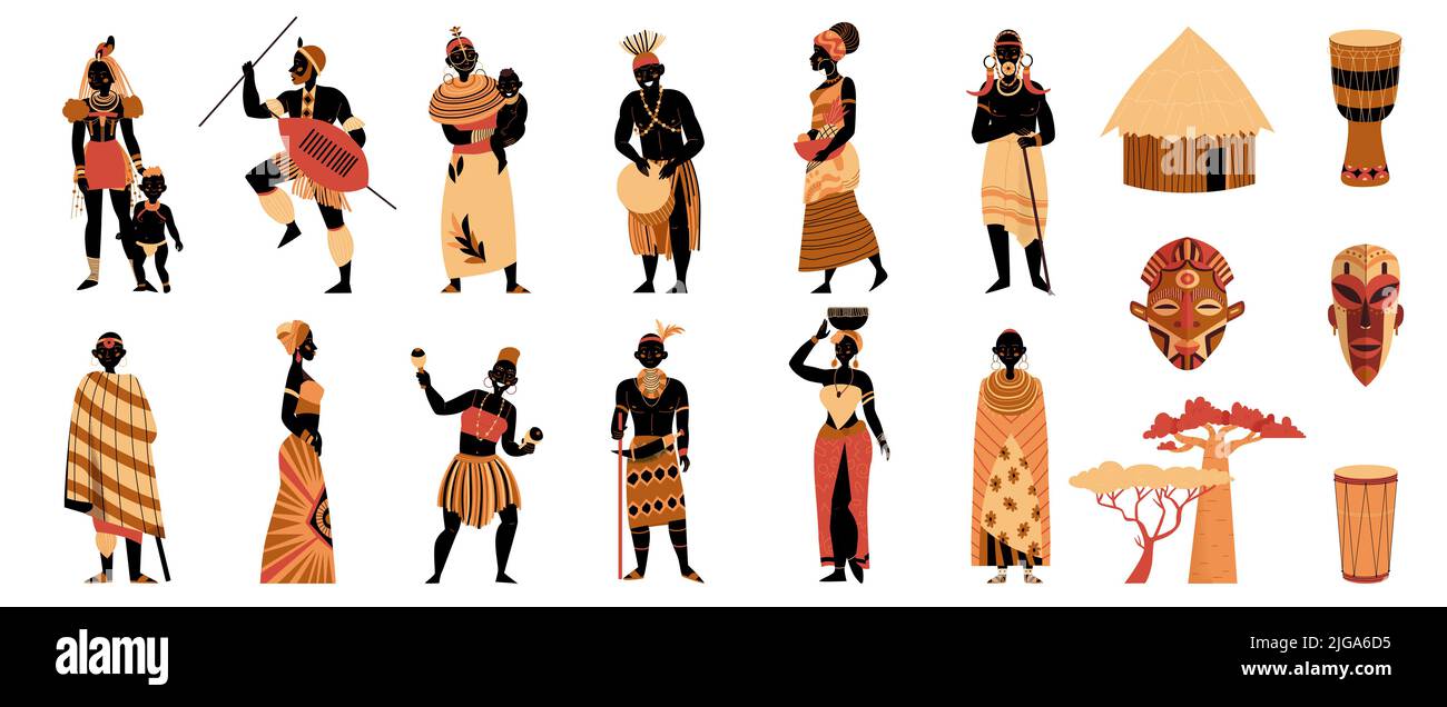 Afrika-Farbset mit isolierten Charakteren der alten Stammes Menschen mit traditionellen Kostümen Haus und Masken Vektor-Illustration Stock Vektor
