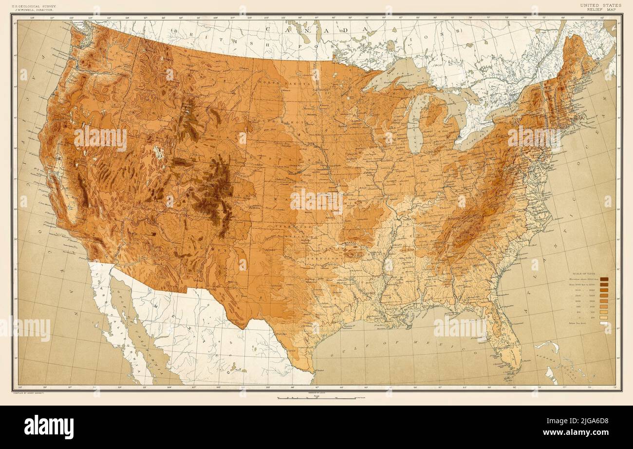 Die Vereinigten Staaten auf einer restaurierten, verbesserten Reproduktion einer Karte aus dem Jahr 1890, die dem U.S. Geological Survey gutgeschrieben wurde. Stockfoto