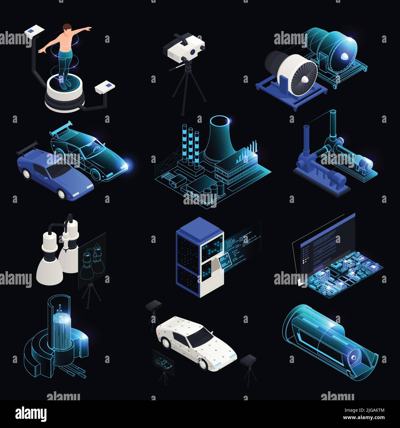 Digitale Twin-Technologie isometrischen Satz mit realen und simulierten Autos Turbine menschlichen Körper intelligente Stadt Vektor Illustration Stock Vektor