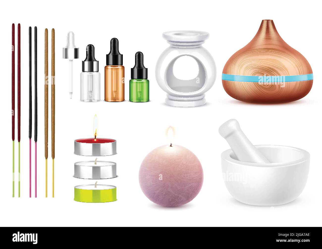 Aromatherapie-Set mit realistischen Flaschen ätherisches Öl brennenden Kerzen Mörser Aroma Lampe Brenner und bunte Joss Sticks isoliert Vektor illustrati Stock Vektor