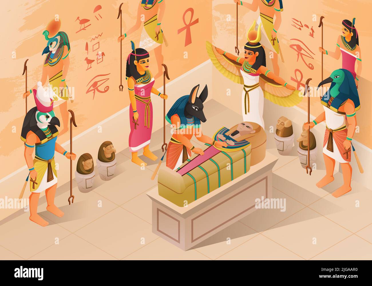 Ägyptische Mythologie isometrischen Hintergrund mit alten Göttern und Menschen präsentieren bei Mumification Zeremonie des pharao Sarkophag Vektor-Illustration Stock Vektor