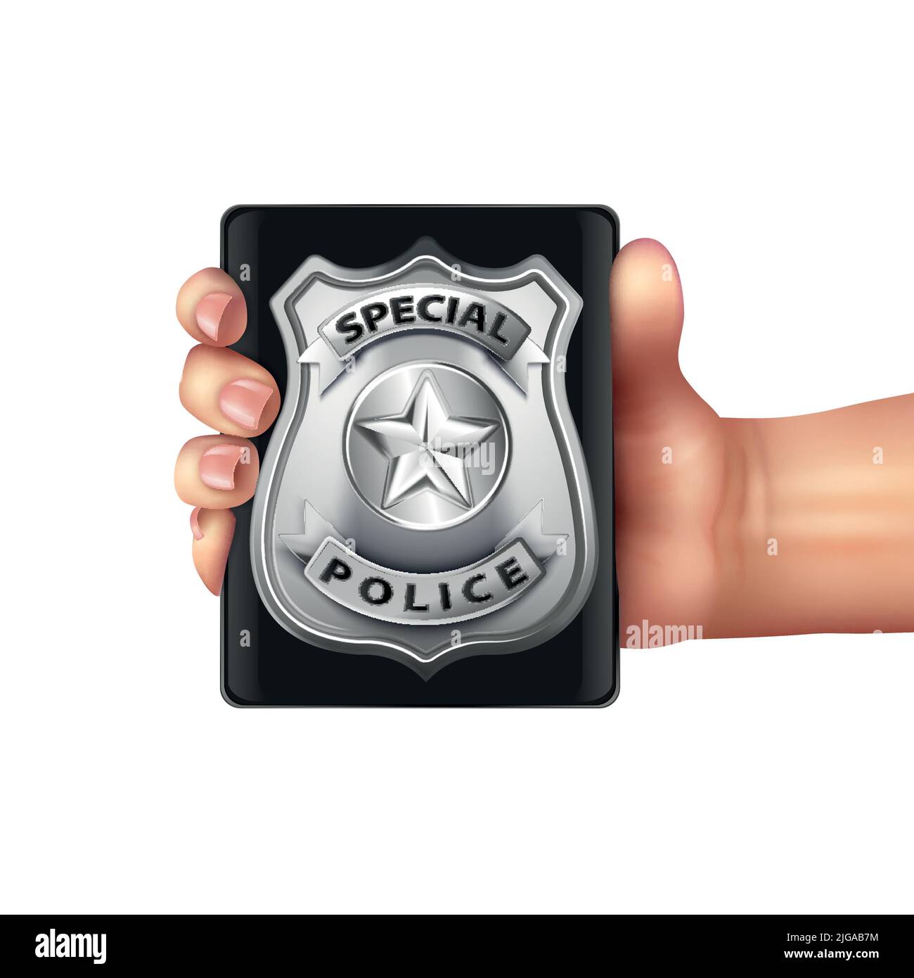Polizei Abzeichen in der Hand realistische Zusammensetzung mit isolierten Bild der menschlichen Hand halten silbernen Offizier Schild Vektor-Illustration Stock Vektor